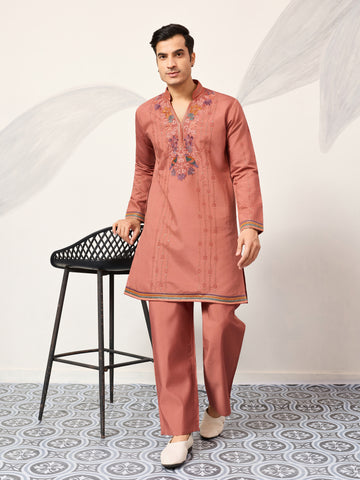 Elegant Royal V Style Orange Kurta Pant for Mens wear