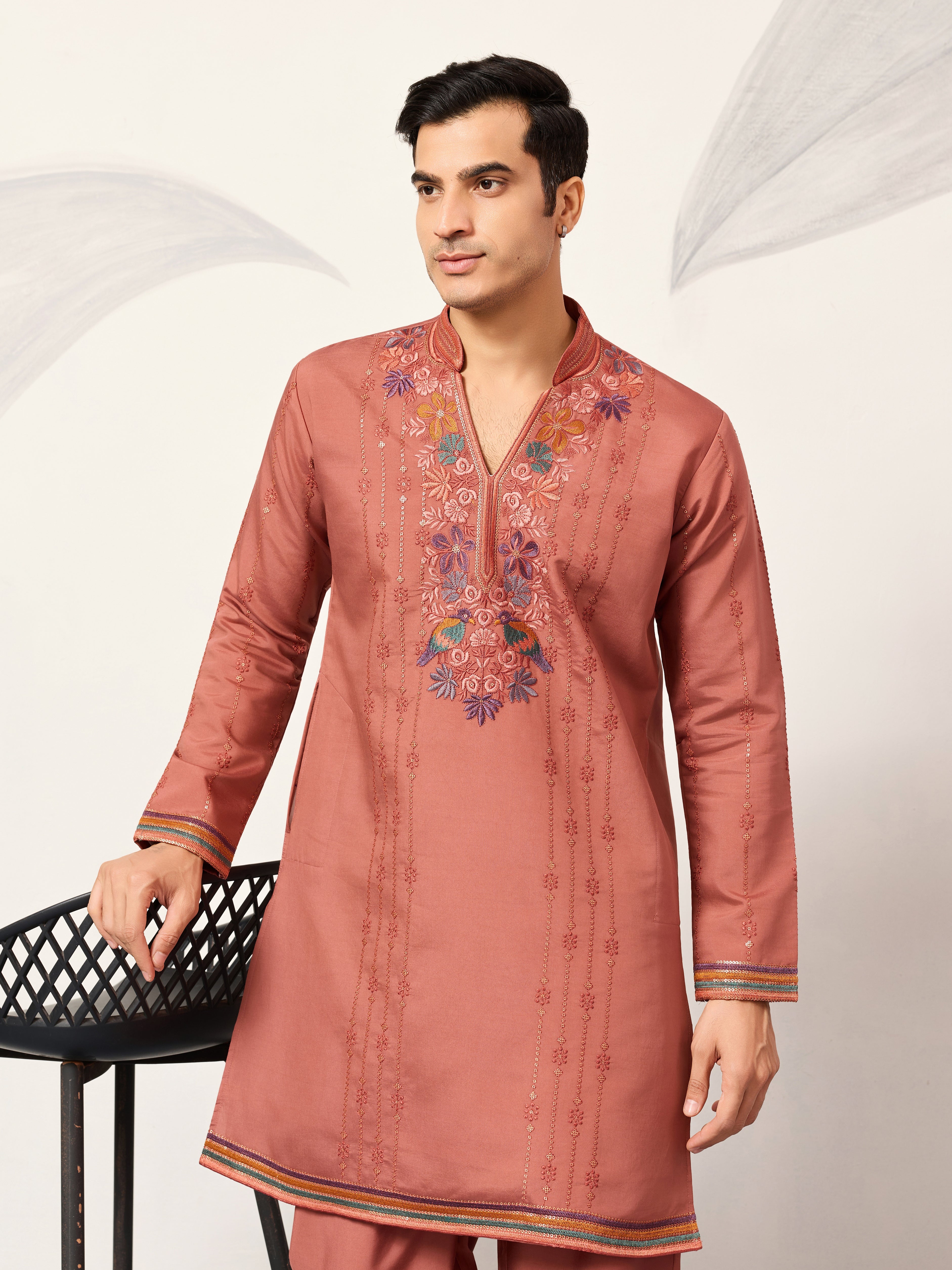 Elegant Royal V Style Orange Kurta Pant for Mens wear