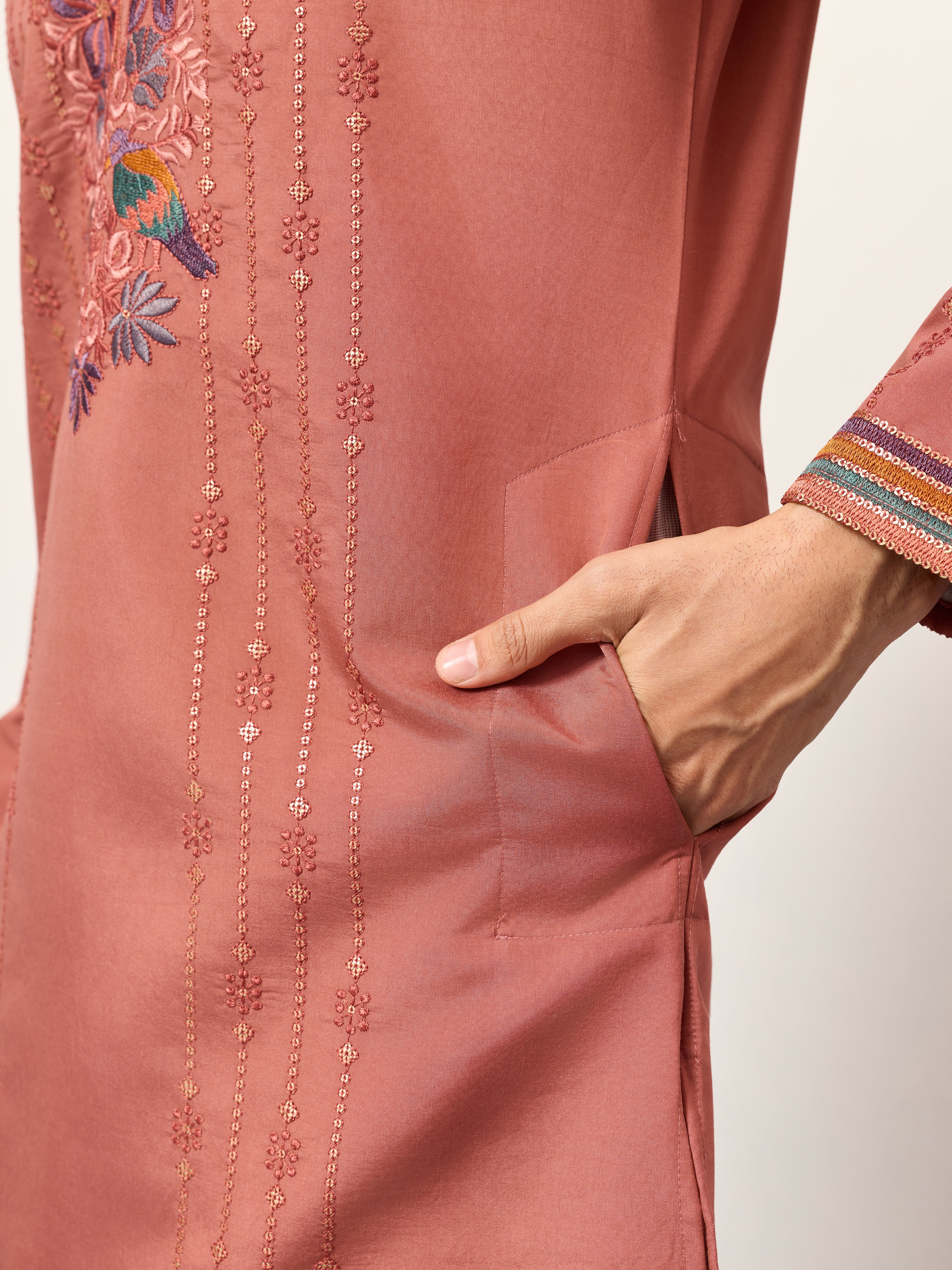 Elegant Royal V Style Orange Kurta Pant for Mens wear