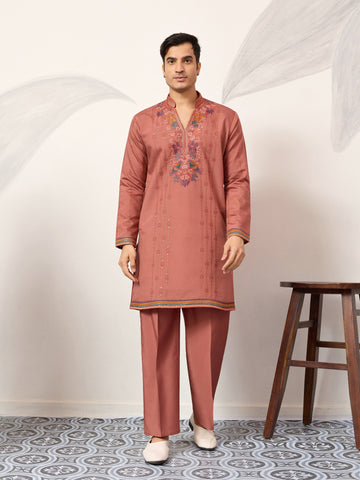 Elegant Royal V Style Orange Kurta Pant for Mens wear