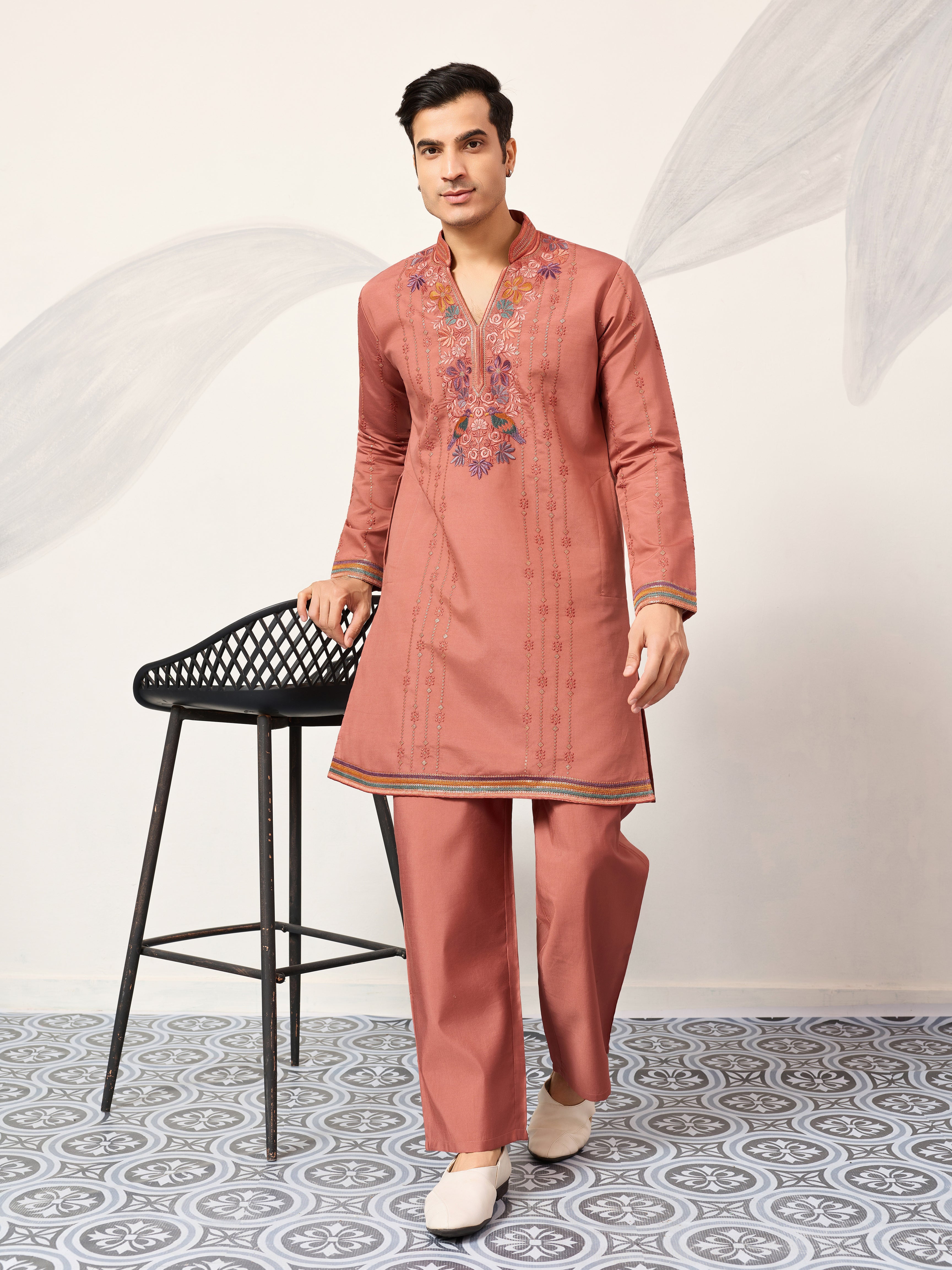 Elegant Royal V Style Orange Kurta Pant for Mens wear
