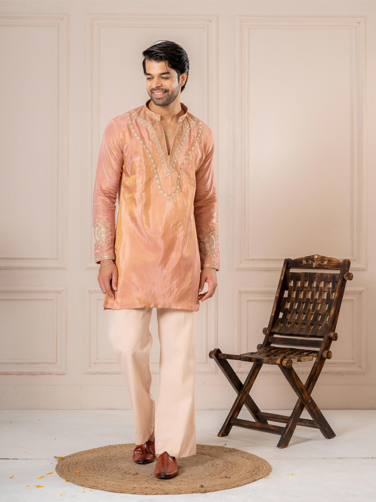 Pinkish Orange Silk Embroidered Kurta Set | Tulip Designer
