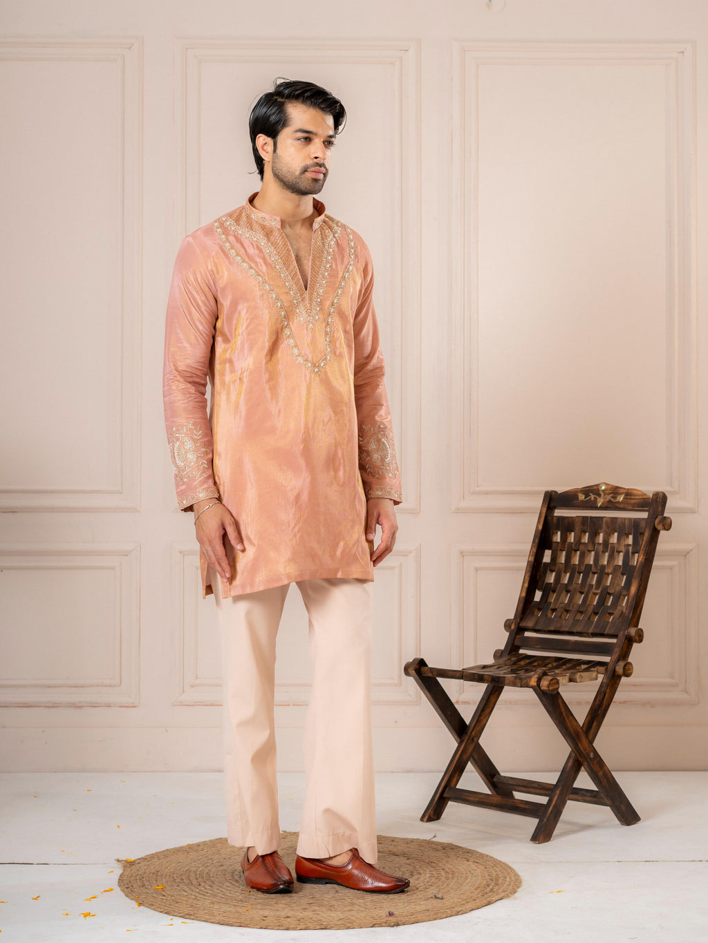 Pinkish Orange Silk Embroidered Kurta Set | Tulip Designer
