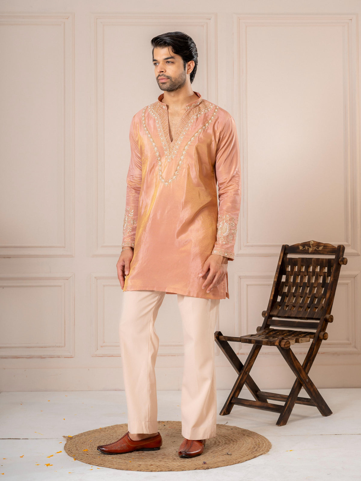 Pinkish Orange Silk Embroidered Kurta Set | Tulip Designer
