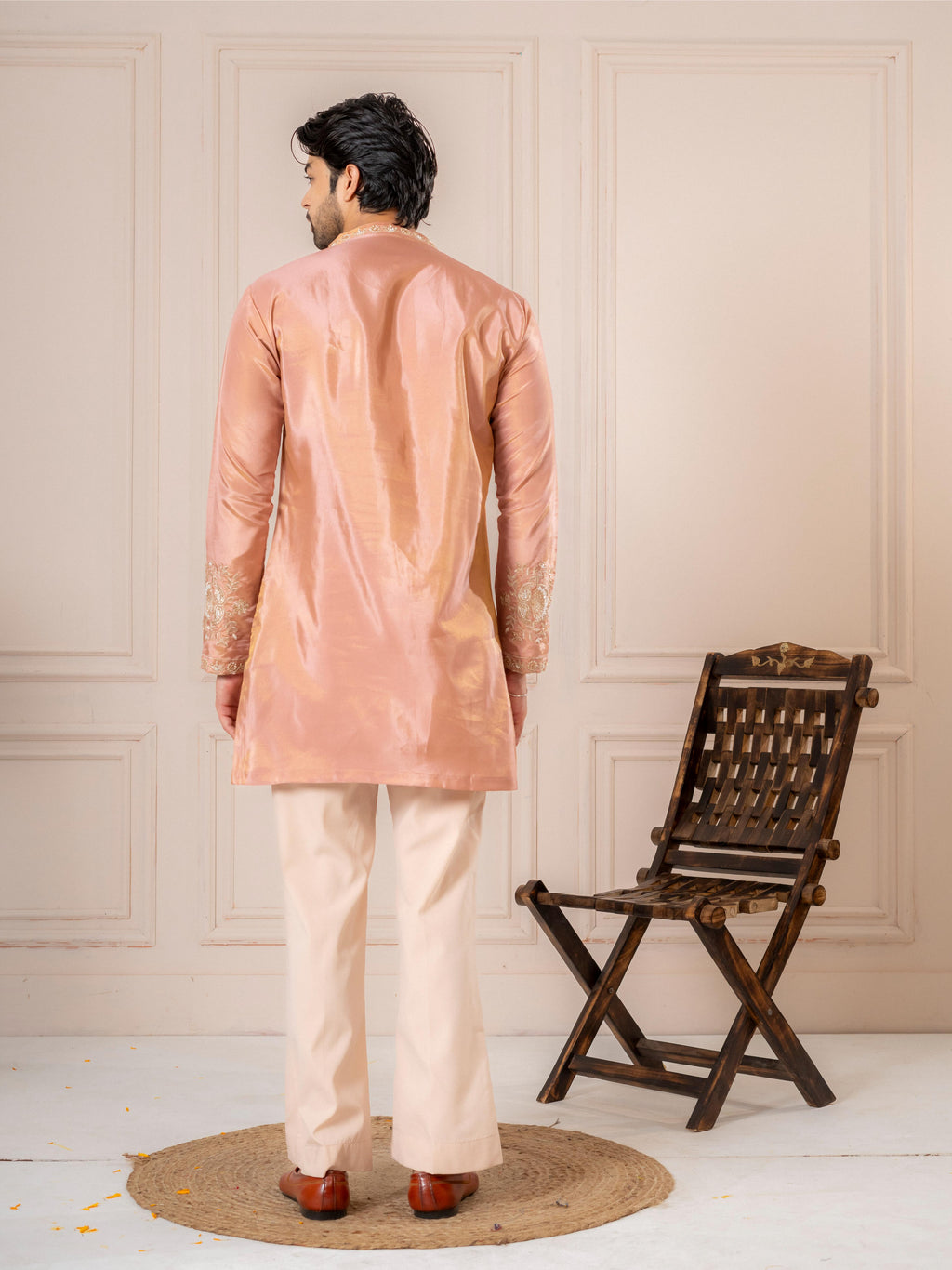 Pinkish Orange Silk Embroidered Kurta Set | Tulip Designer
