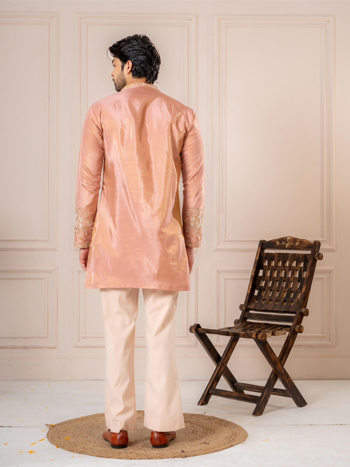 Pinkish Orange Silk Embroidered Kurta Set | Tulip Designer
