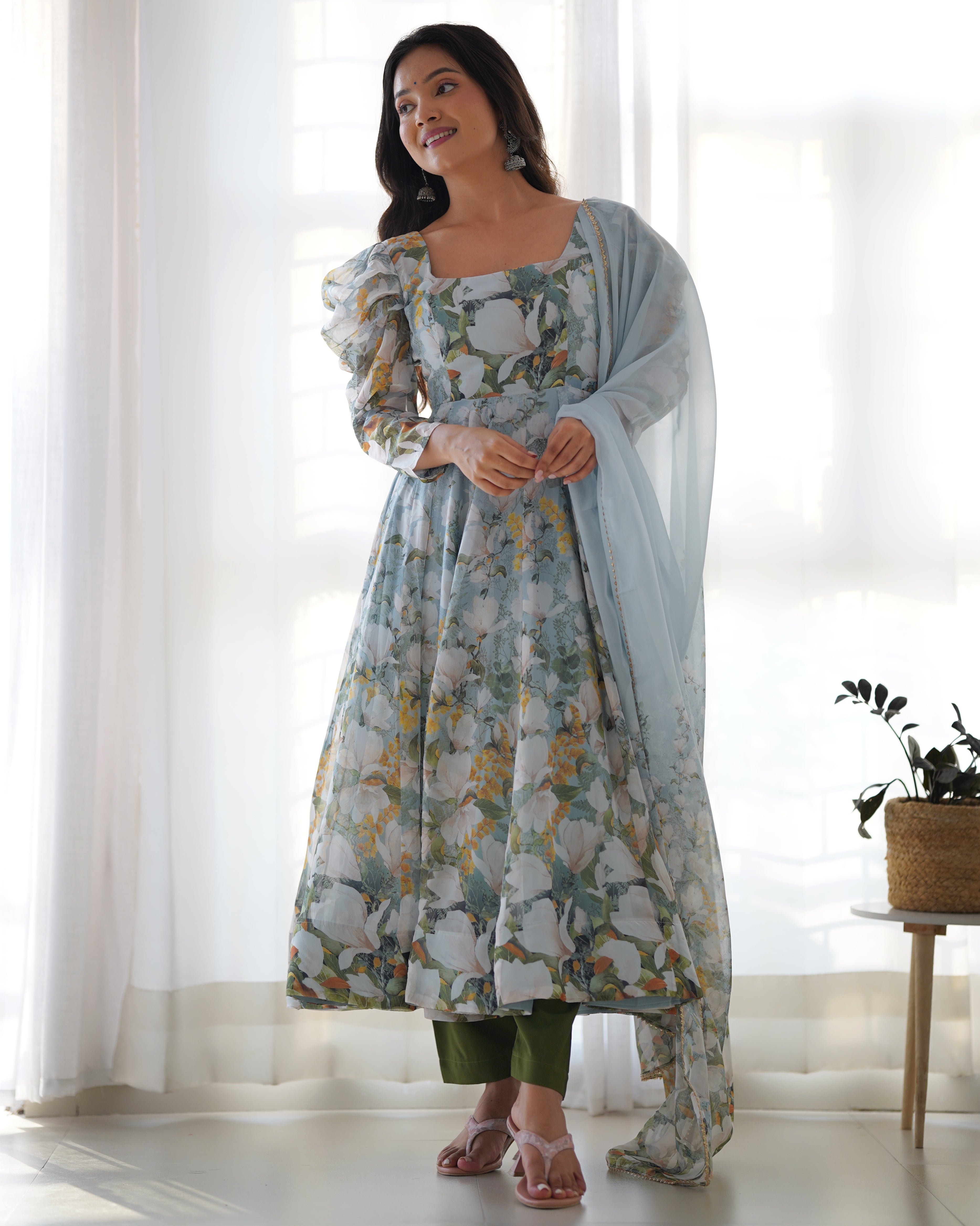 white christmas dresses Turquoise Floral Printed Cotton Anarkali (LW-9225-Blue) main image 0
