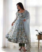 Pure Soft Organza Silk Floral Print Fabric Anarkali Suit Comes With Duppatta & Pant
