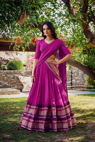 Pure Chanderi Zari Border Lehenga Choli with Dupatta