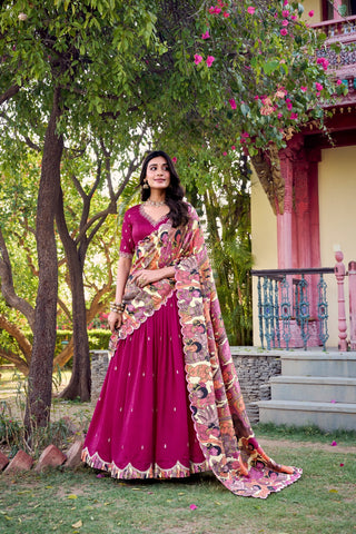 Elegant Vichitra Silk Embroidered Work Lehenga Set with Dupatta For Women