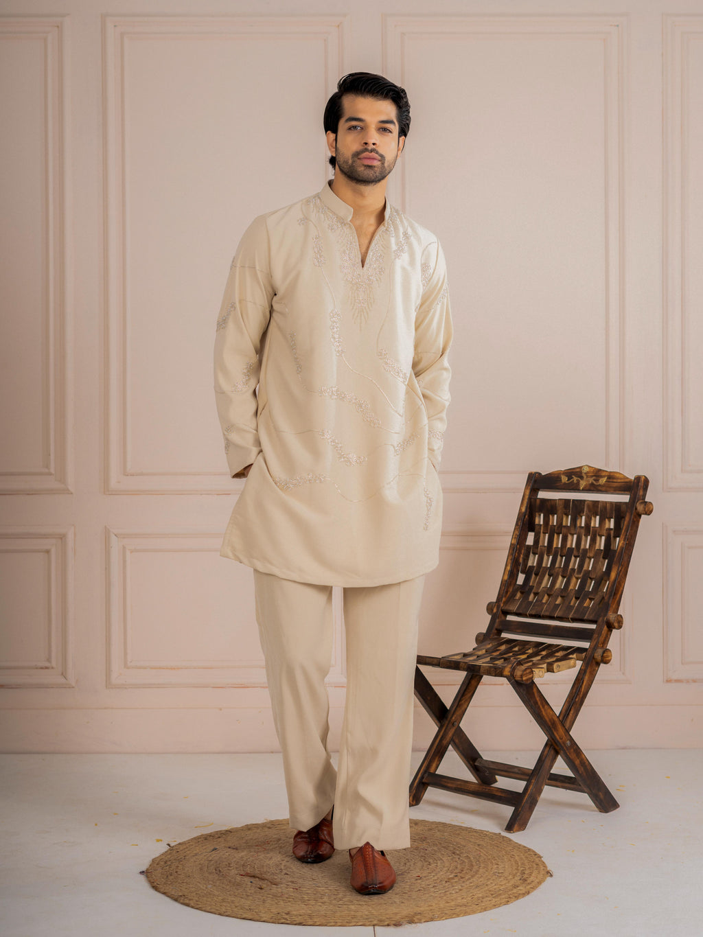 Attractive Cream Armani Beads Kurta Set | Tulip Designer