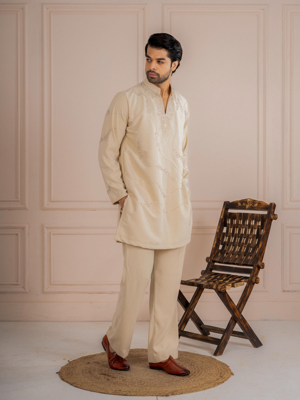 Attractive Cream Armani Beads Kurta Set | Tulip Designer
