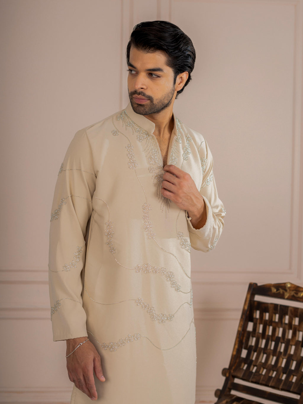 Attractive Cream Armani Beads Kurta Set | Tulip Designer