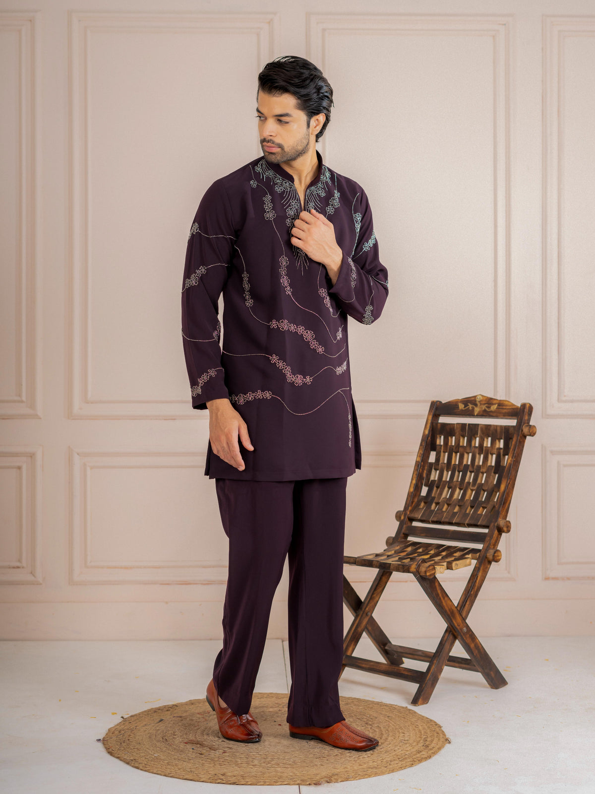 Dark Purple Armani Beads Mens Kurta Set | Tulip Designer