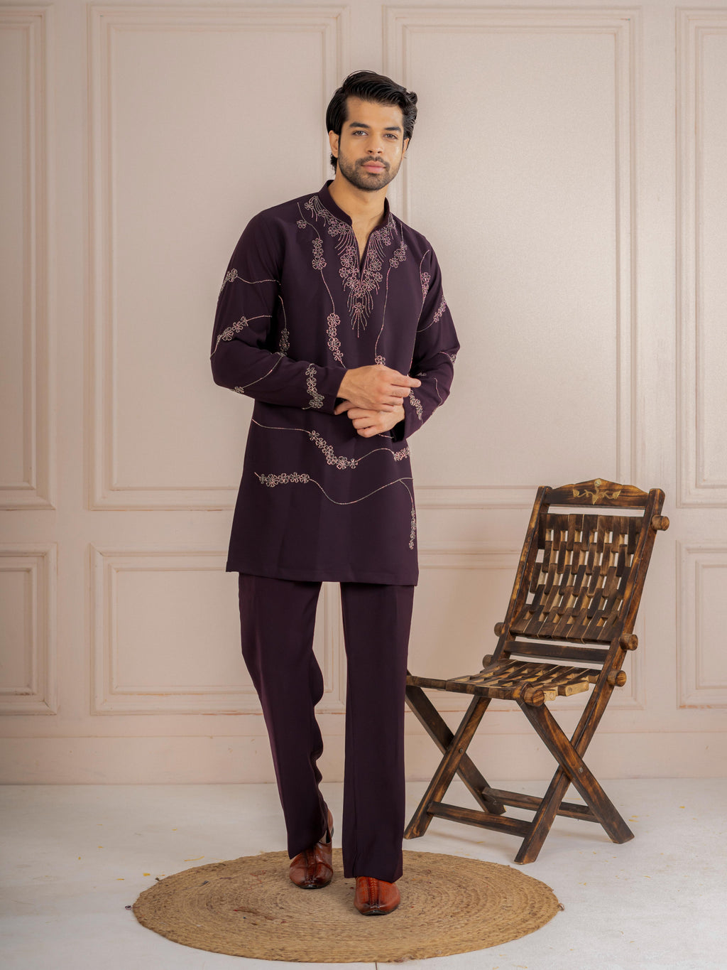 Dark Purple Armani Beads Mens Kurta Set | Tulip Designer