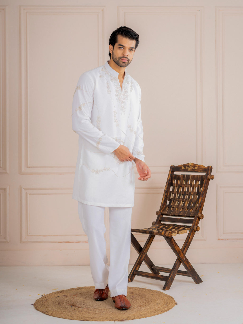 Elegant White Armani Beads  Kurta Set | Tulip Designer