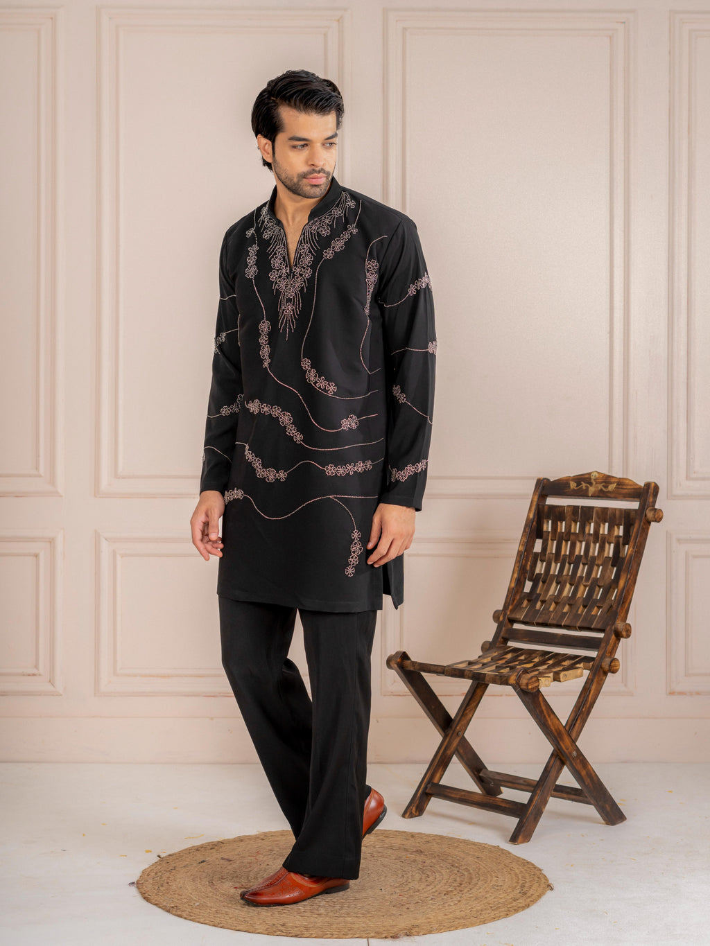 Black Japanese Armani Beads Kurta Set | Tulip Designer