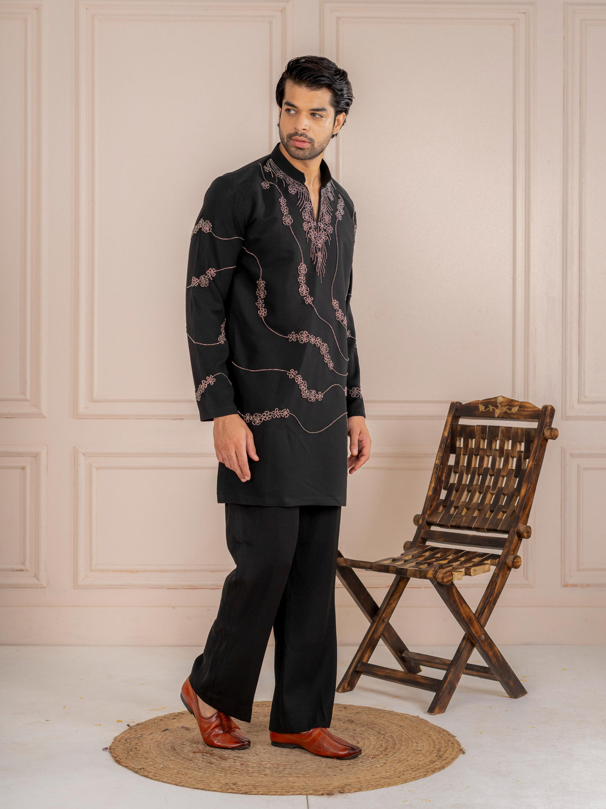 Black Japanese Armani Beads Kurta Set | Tulip Designer