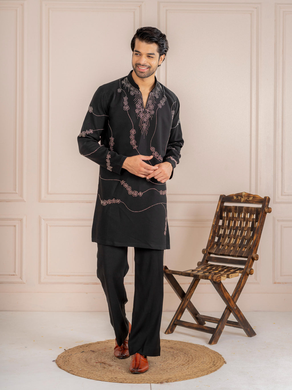 Black Japanese Armani Beads Kurta Set | Tulip Designer