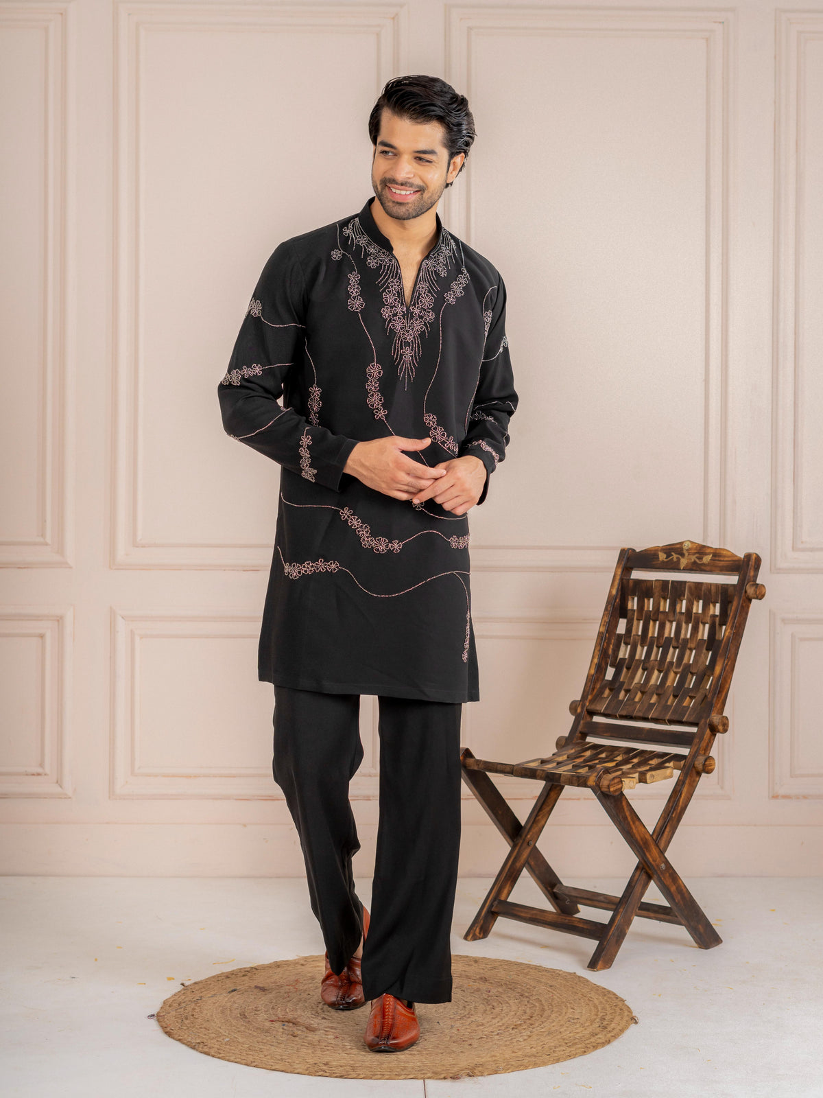 Black Japanese Armani Beads Kurta Set | Tulip Designer
