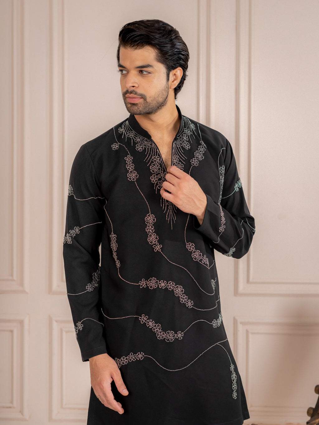Black Japanese Armani Beads Kurta Set | Tulip Designer