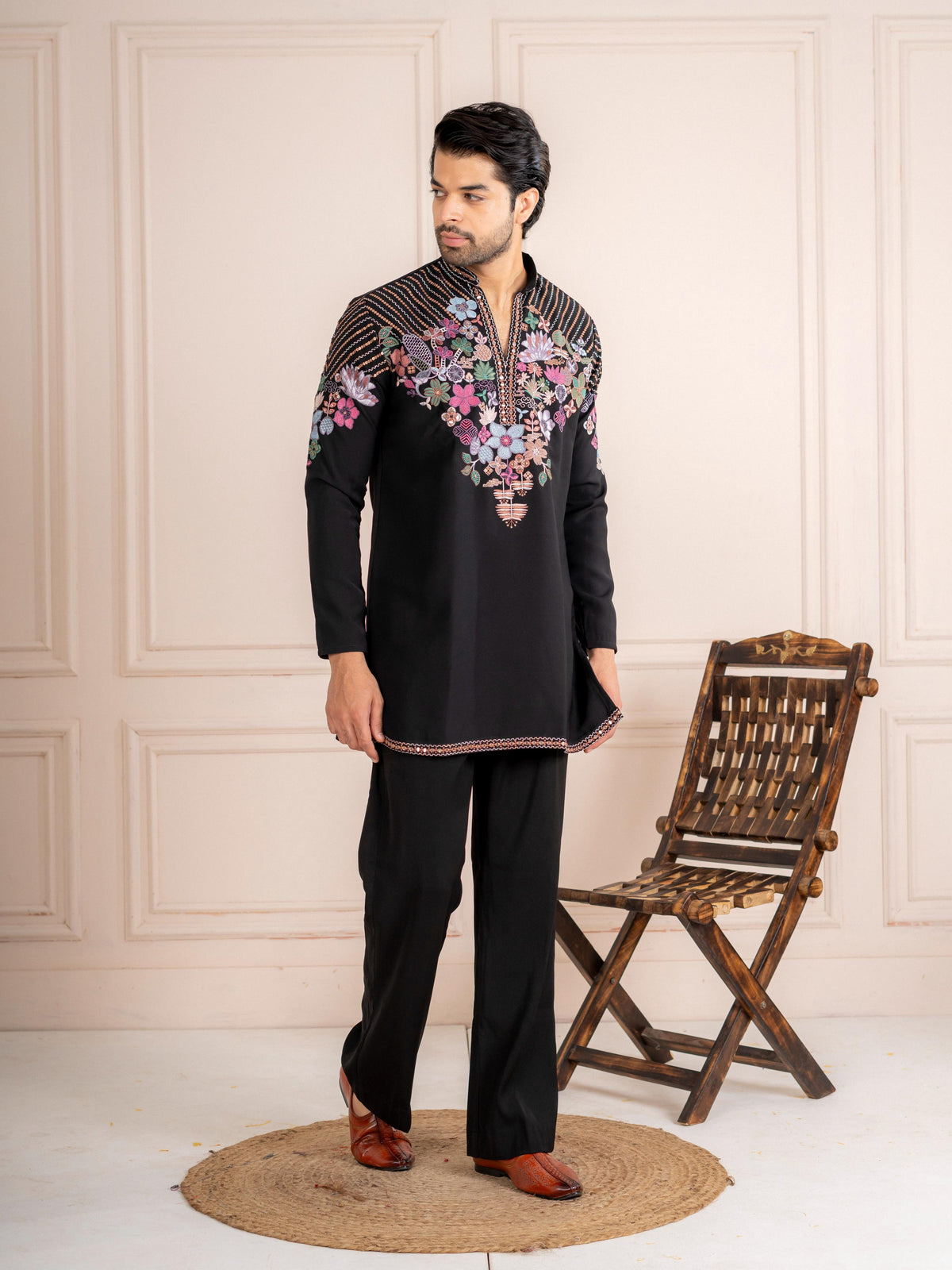 Black Japanese Armani Embroidered Kurta Set | Tulip Designer