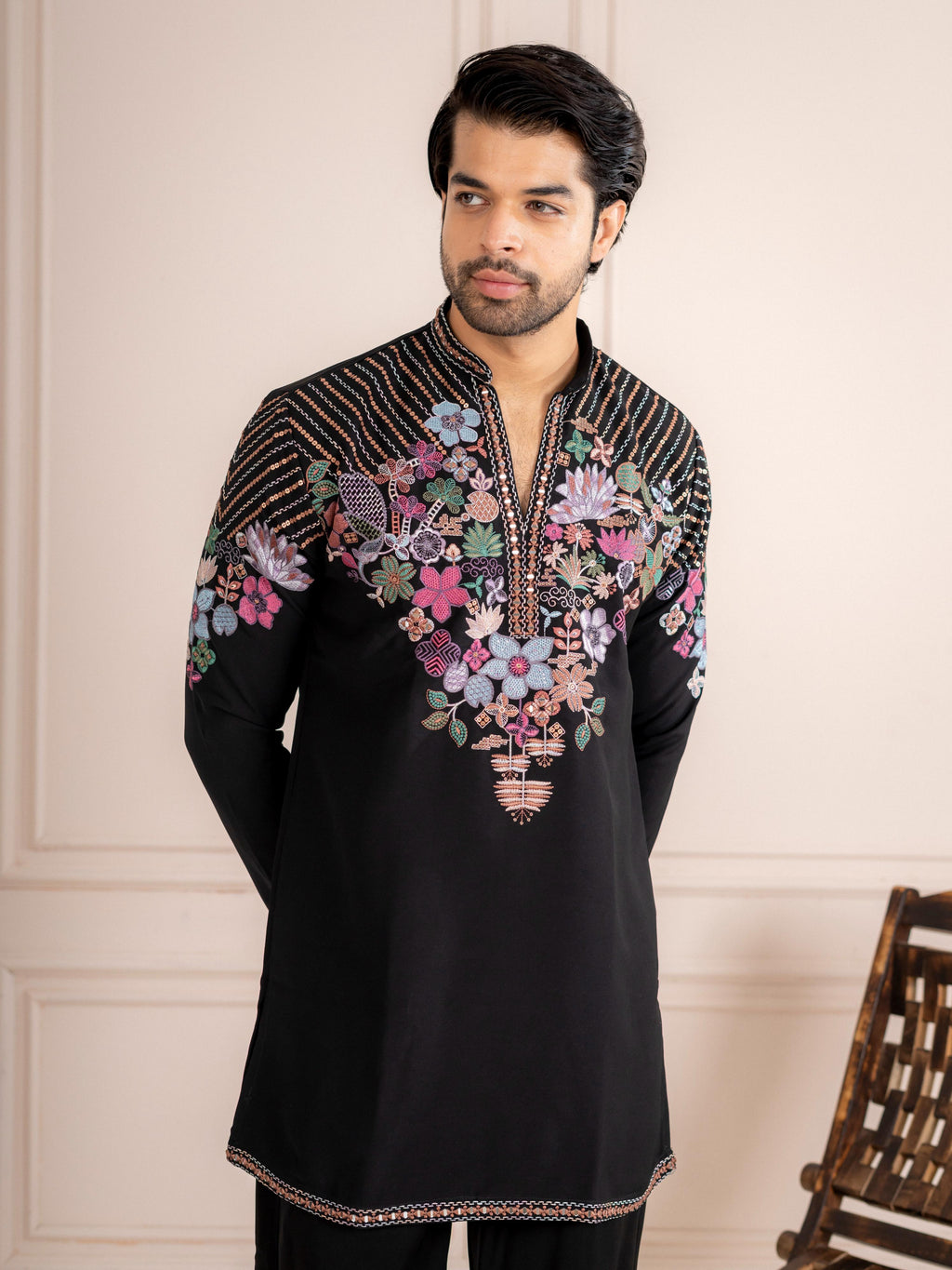 Black Japanese Armani Embroidered Kurta Set | Tulip Designer