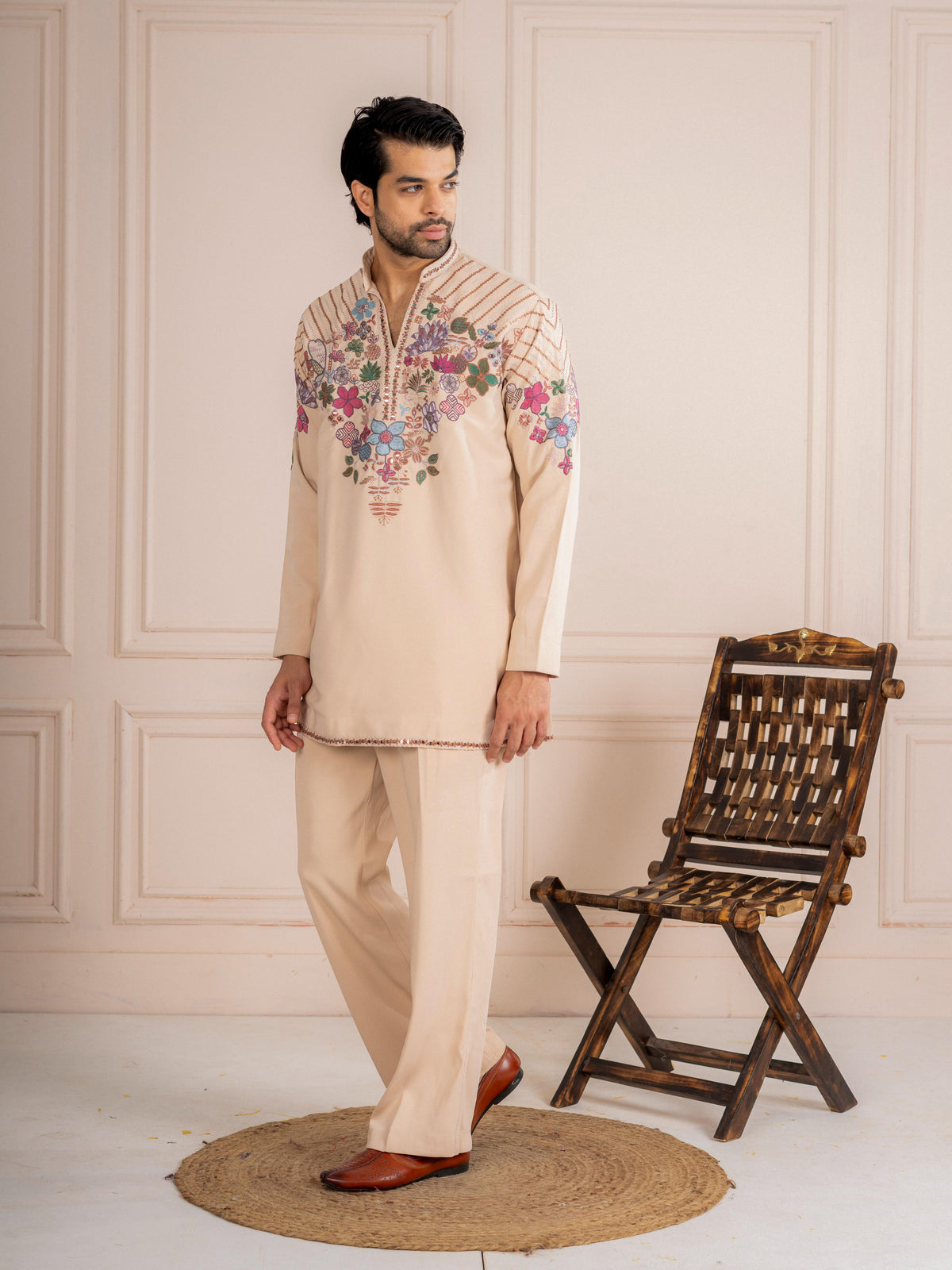 Cream Armani Thread Sequence Kurta For Men| Tulip Designer