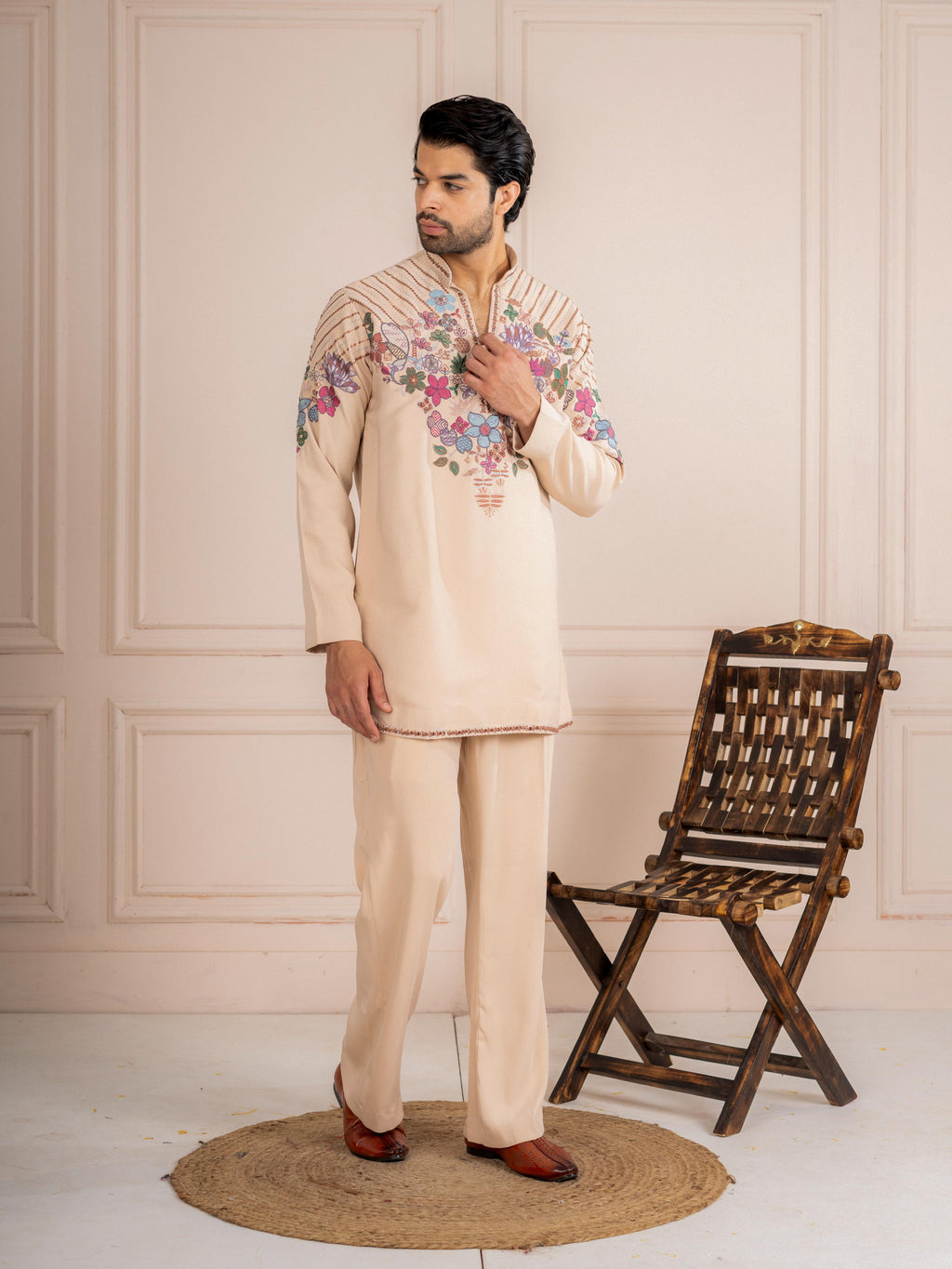 Cream Armani Thread Sequence Kurta For Men| Tulip Designer