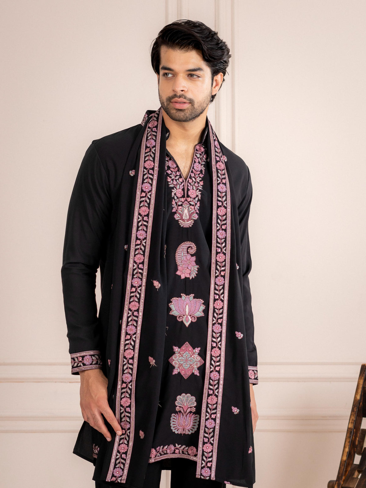 Elegant Black Japanese Lachka Embroidered Kurta Dupatta Set