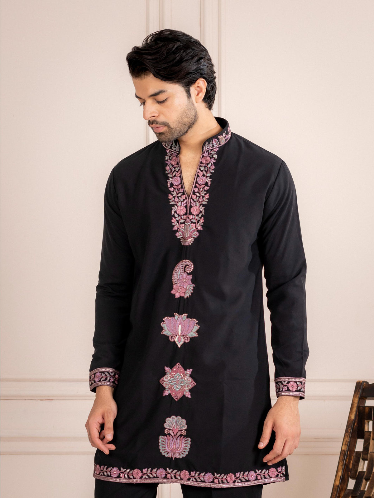 Elegant Black Japanese Lachka Embroidered Kurta Dupatta Set
