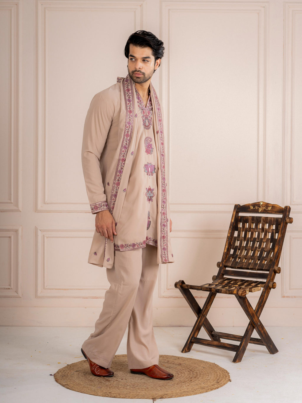 Royal Beige Japanese Lachka Festive Kurta Dupatta Set For Men