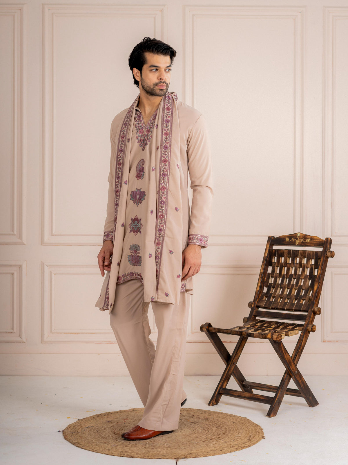Royal Beige Japanese Lachka Festive Kurta Dupatta Set For Men