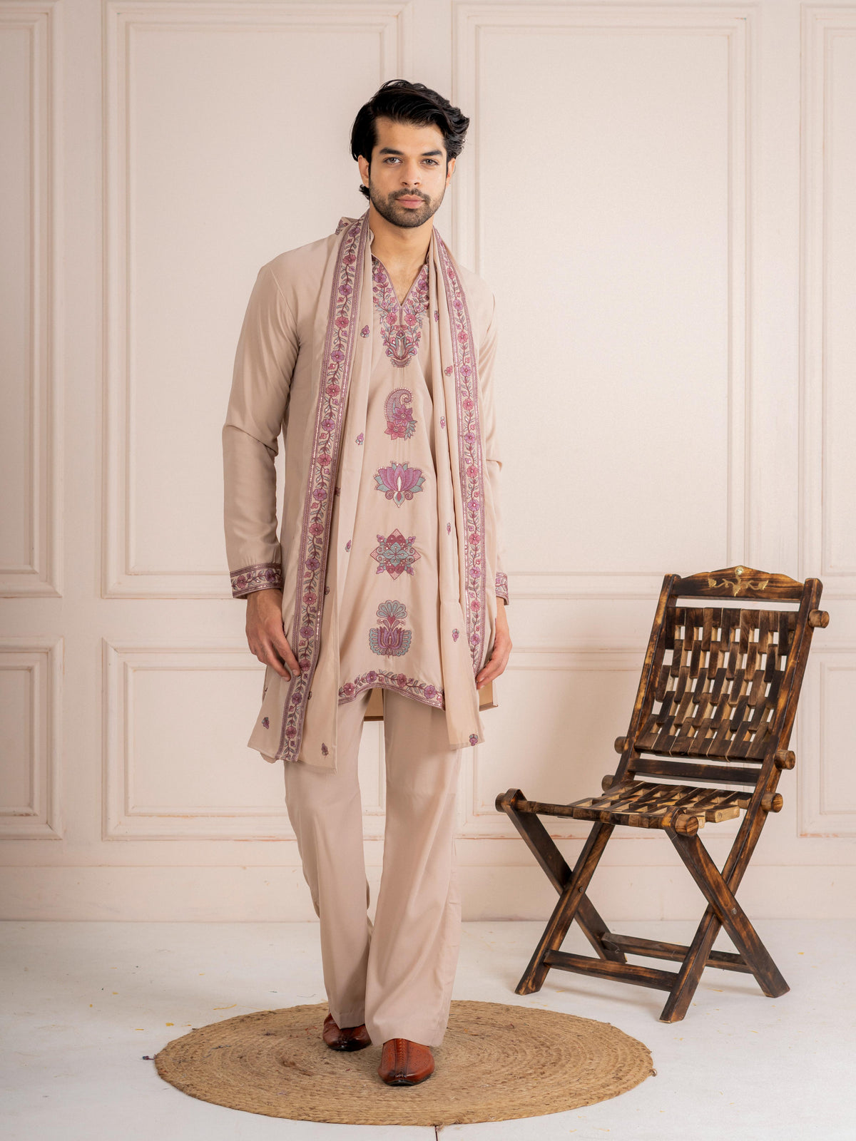 Royal Beige Japanese Lachka Festive Kurta Dupatta Set For Men