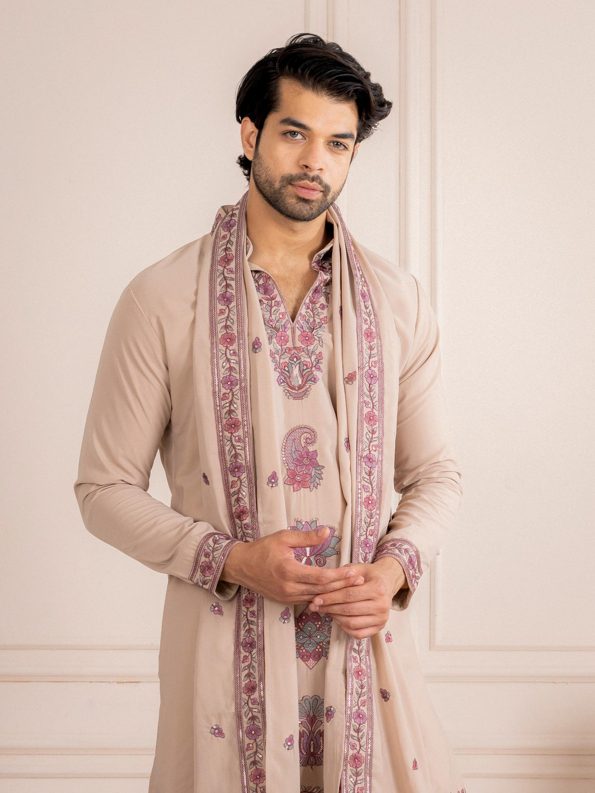 Royal Beige Japanese Lachka Festive Kurta Dupatta Set For Men