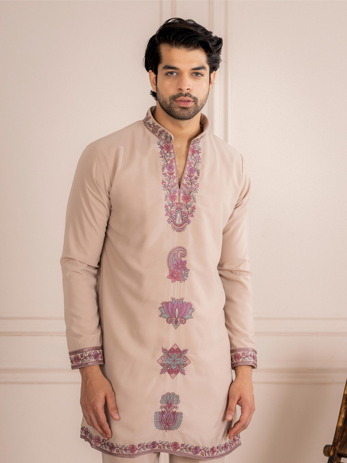 Royal Beige Japanese Lachka Festive Kurta Dupatta Set For Men