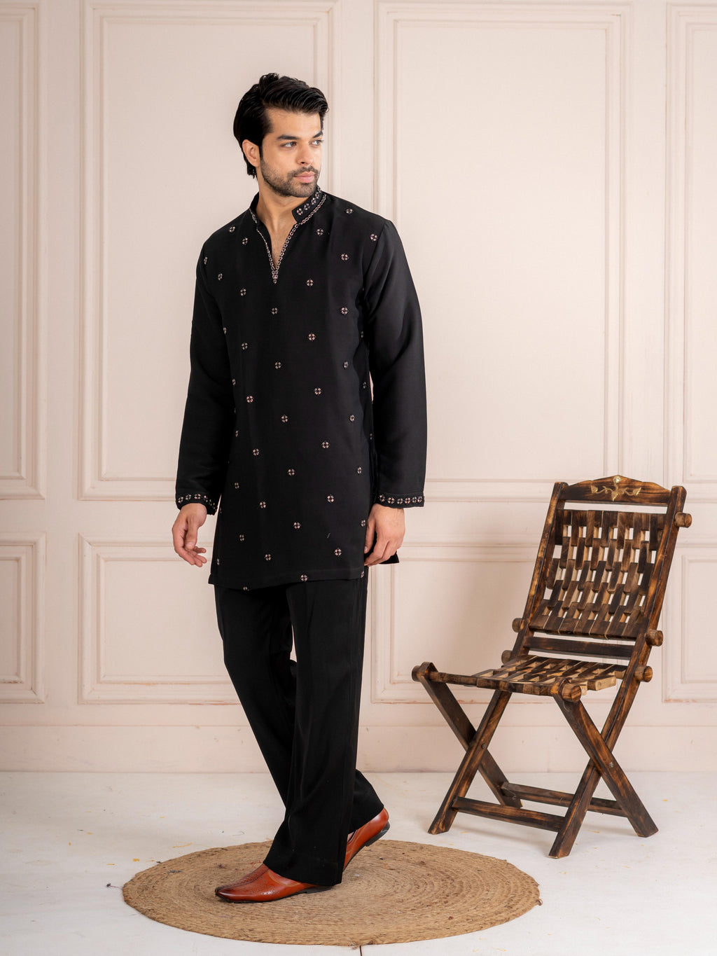 Black Japanese Armani Beads Kurta For Men | Tulip Designer
