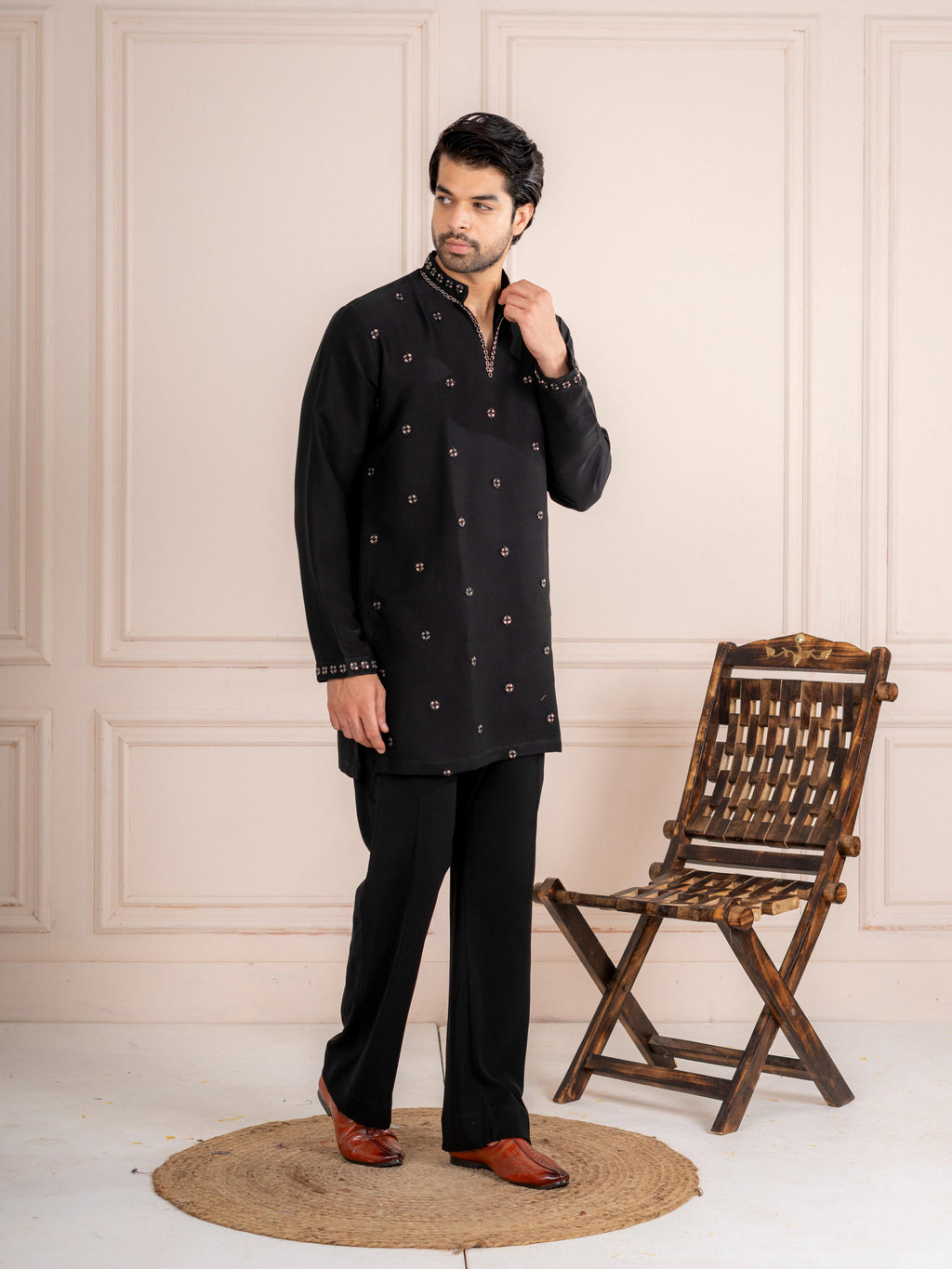 Black Japanese Armani Beads Kurta For Men | Tulip Designer