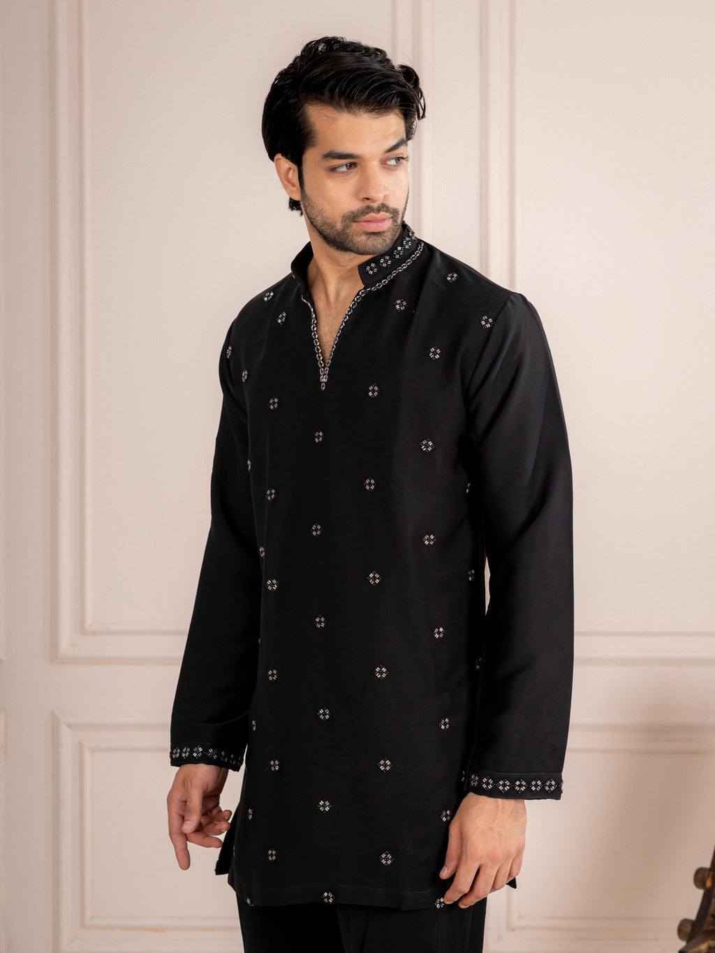 Black Japanese Armani Beads Kurta For Men | Tulip Designer