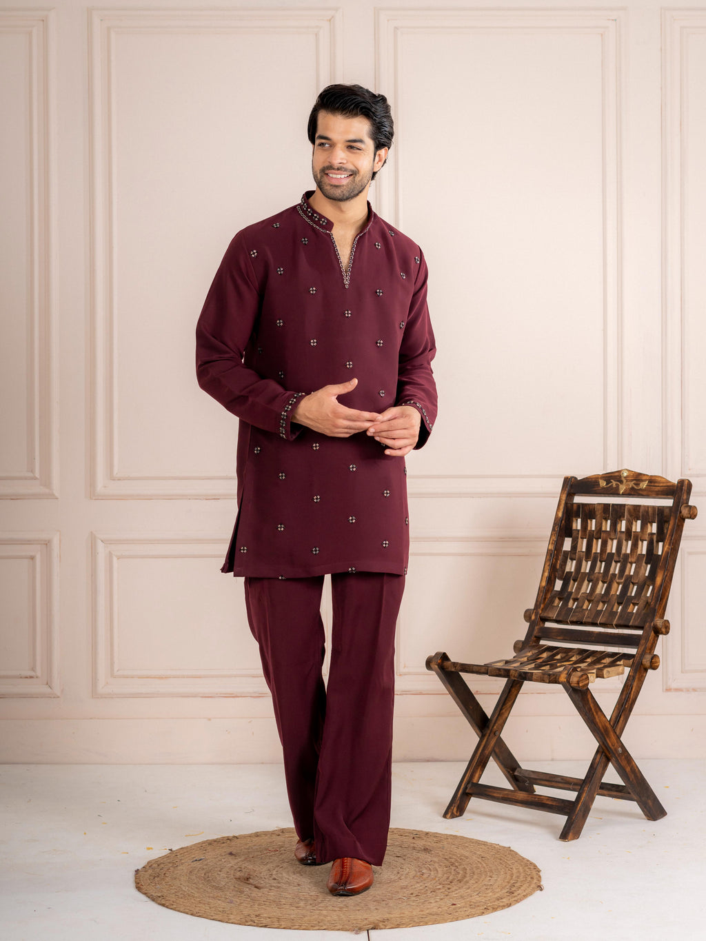 Wine Japanese Armani Fancy Beads Kurta Set  | Tulip Designer