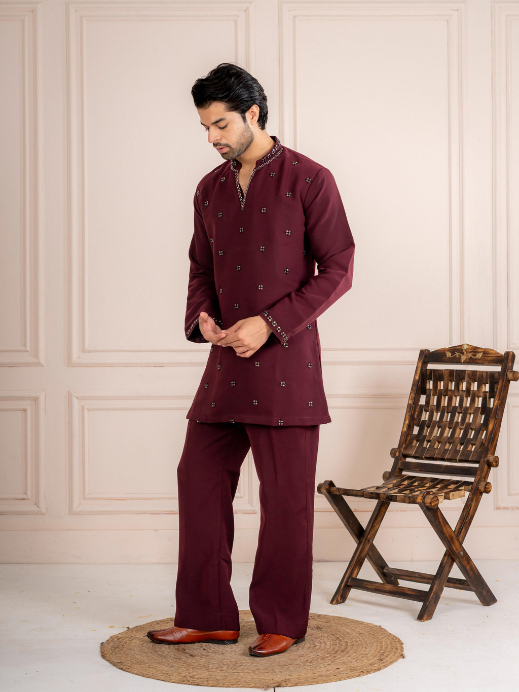 Wine Japanese Armani Fancy Beads Kurta Set  | Tulip Designer