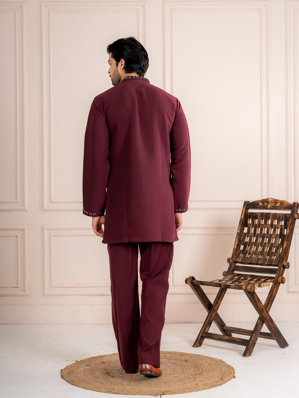 Wine Japanese Armani Fancy Beads Kurta Set  | Tulip Designer