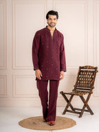 Wine Japanese Armani Fancy Beads Kurta Set  | Tulip Designer