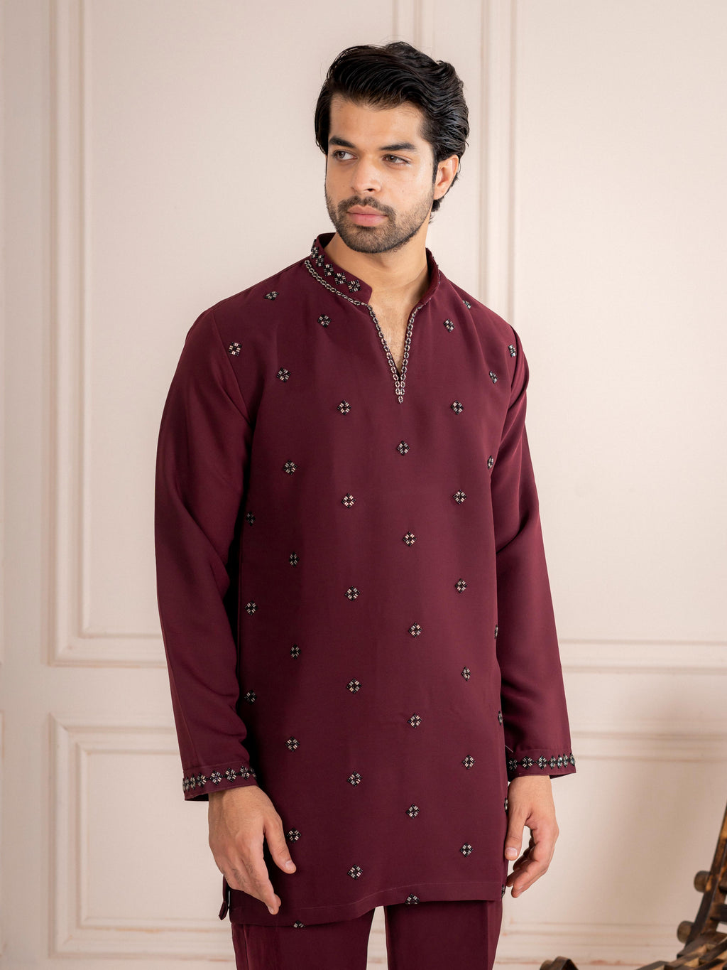 Wine Japanese Armani Fancy Beads Kurta Set  | Tulip Designer