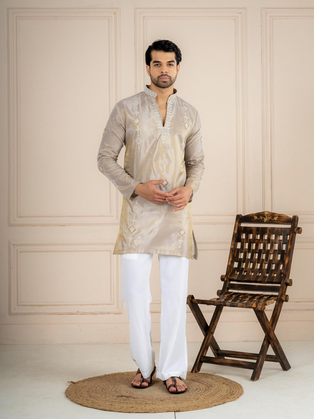 Light Beige Tissue Cutdana Kurta Set | Tulip Designer