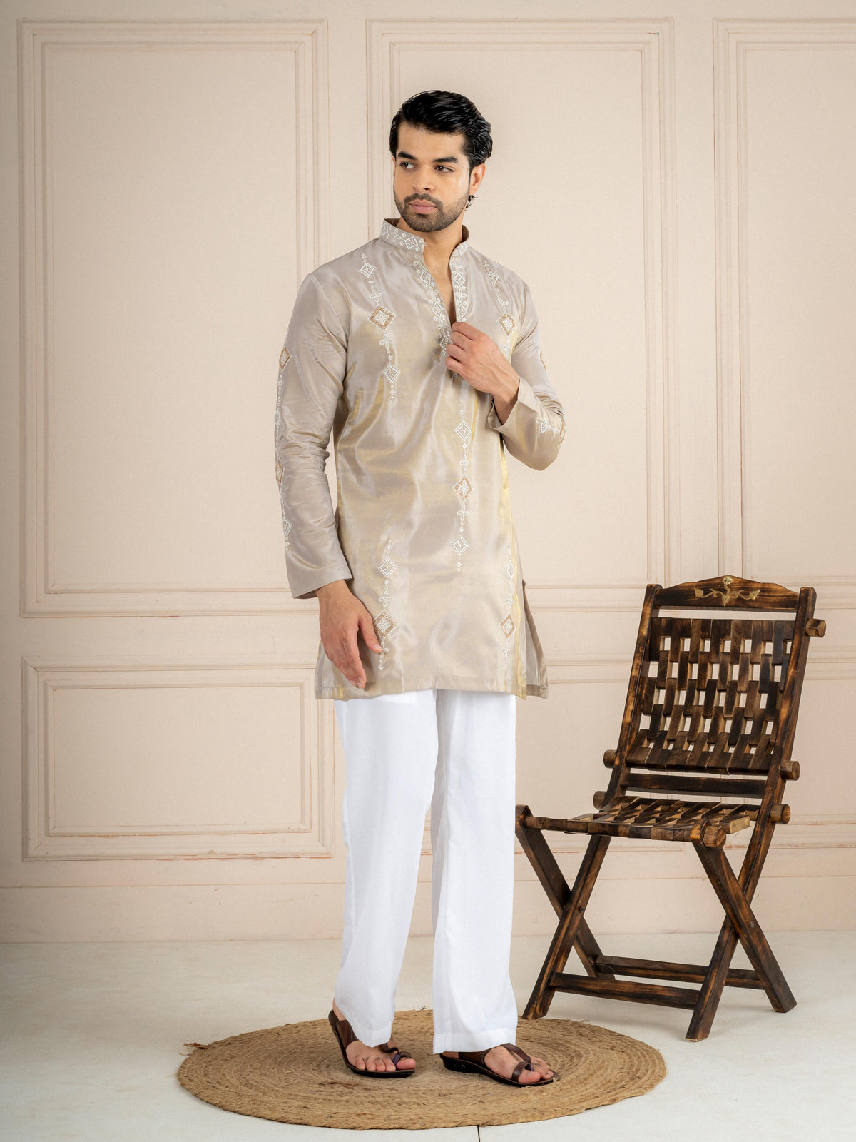 Light Beige Tissue Cutdana Kurta Set | Tulip Designer