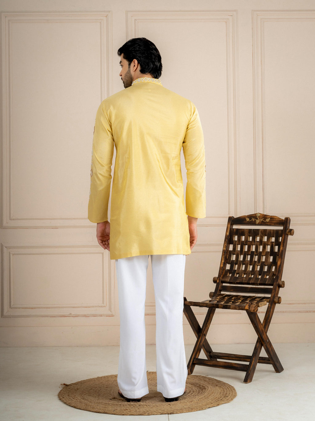 Yellow Tissue Cutdana Kurta For Men | Tulip Designer
