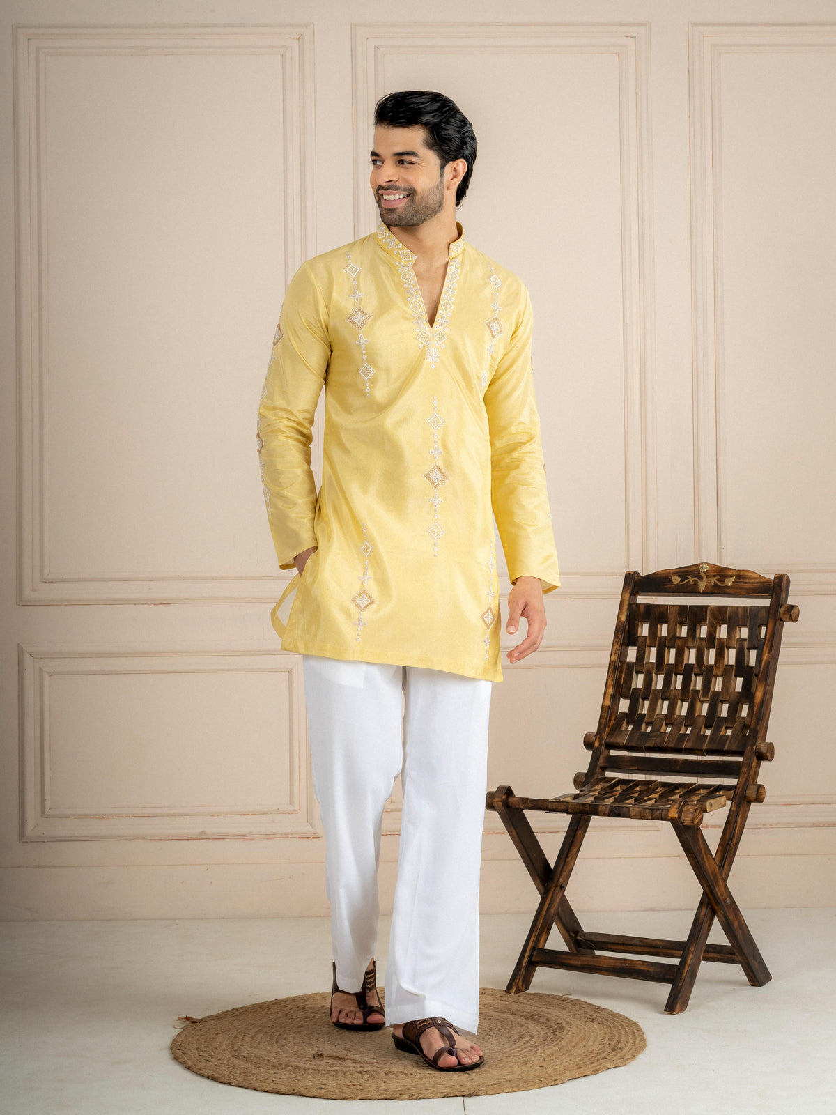 Yellow Tissue Cutdana Kurta For Men | Tulip Designer