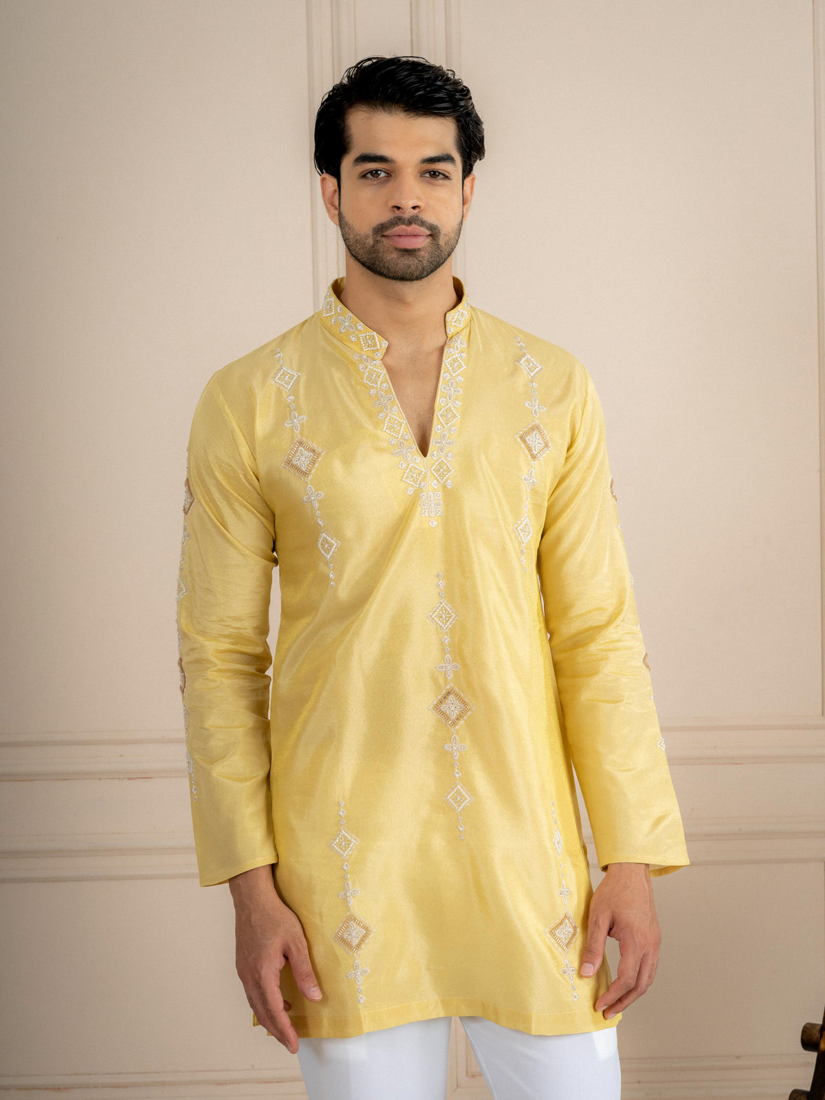 Yellow Tissue Cutdana Kurta For Men | Tulip Designer