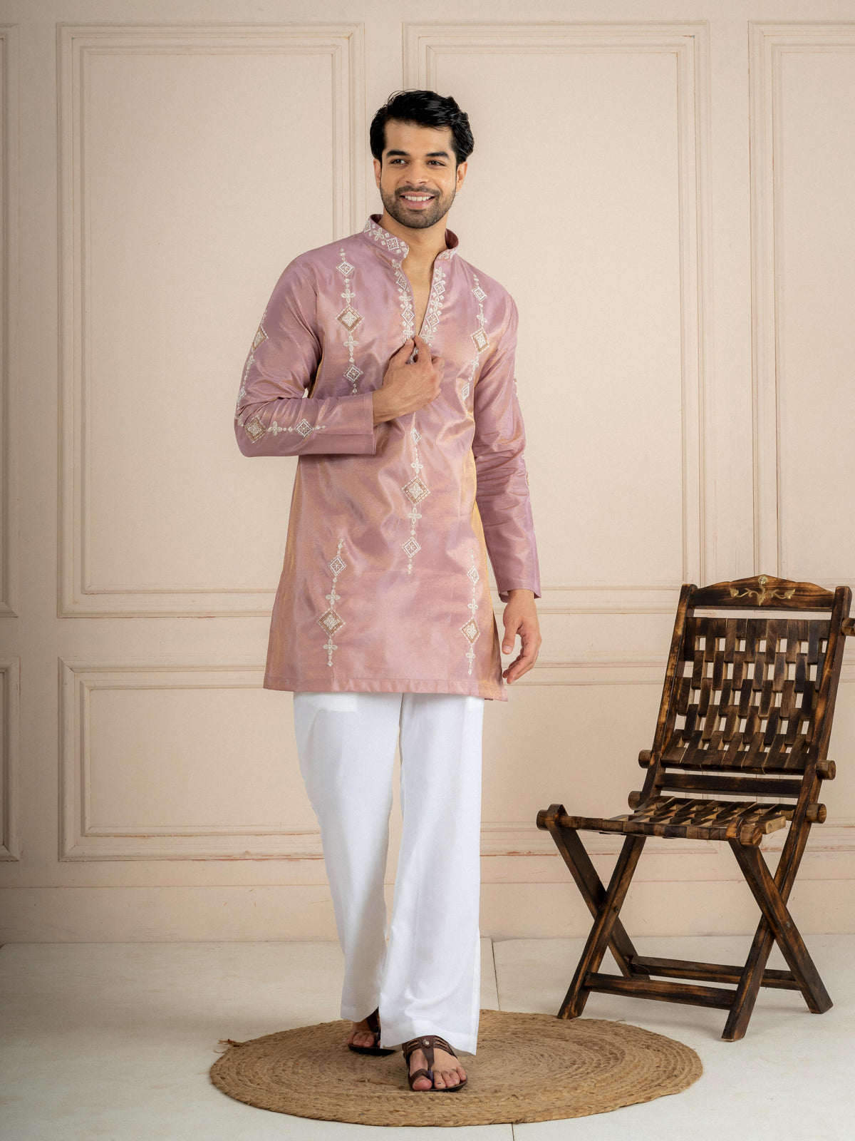 Dusty Mauve Tissue Beads Kurta For Men | Tulip Designer